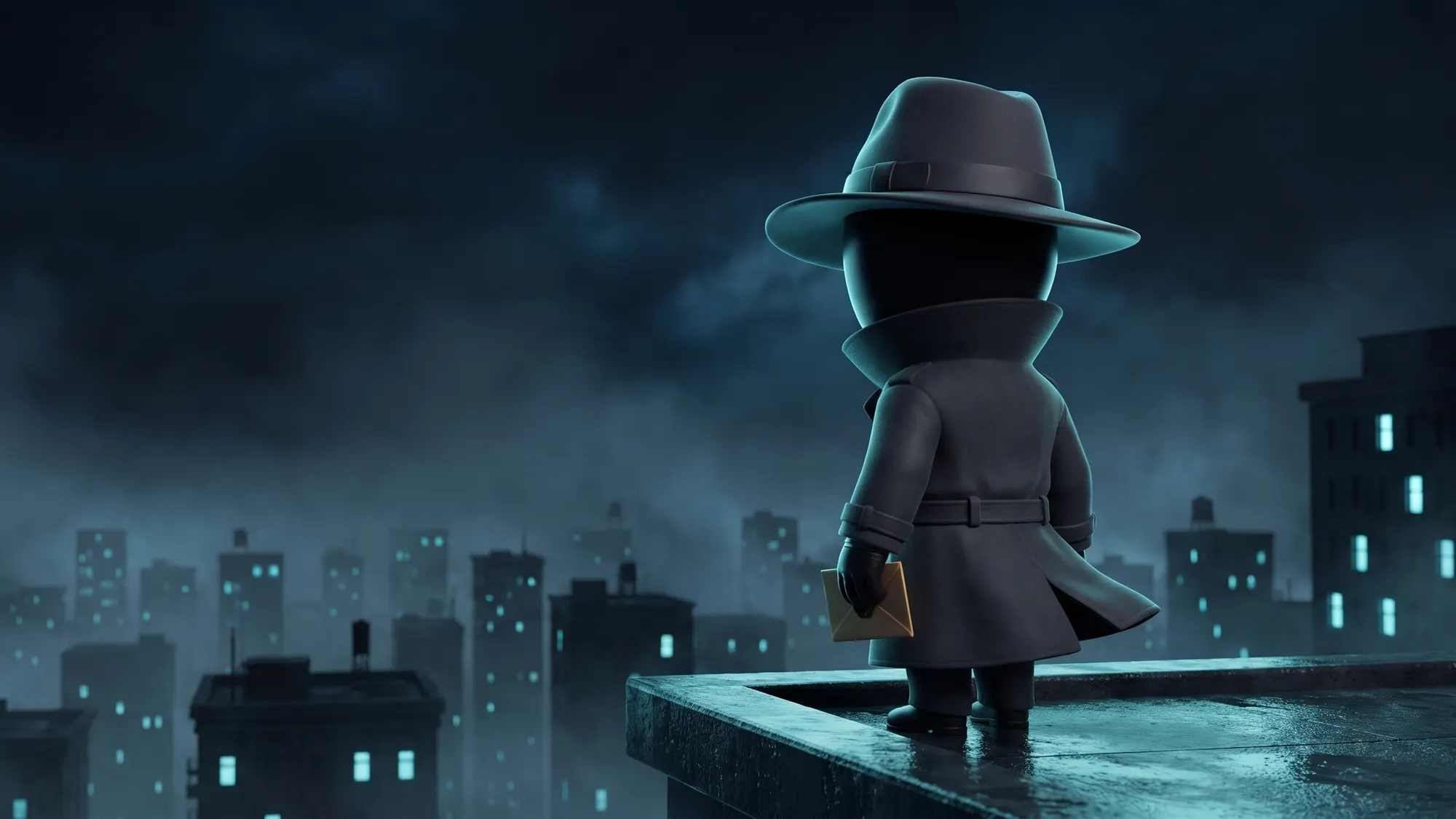 Vector on a rooftop at night above a foggy city, an envelope in hand